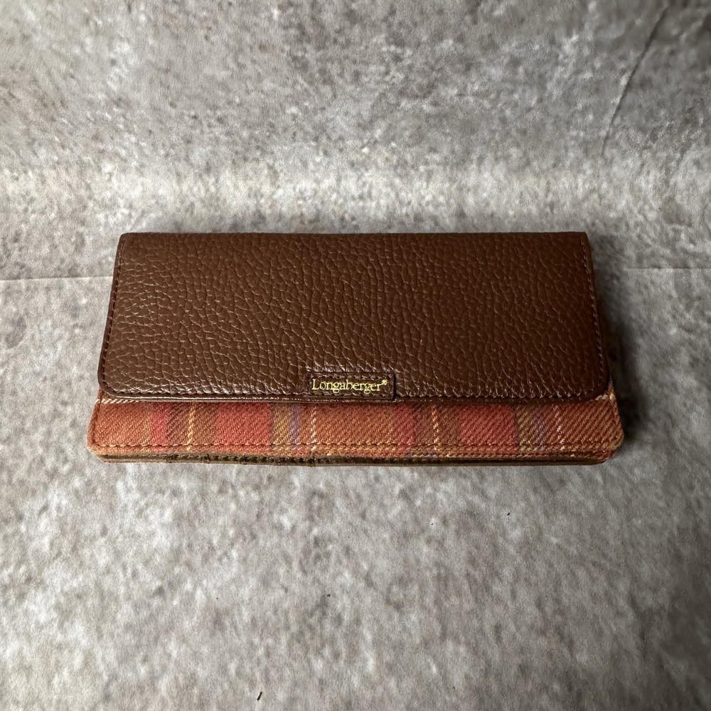 Longaberger Brown Leather Trabuco Toboso Plaid Wool Snap Closure Credit Card